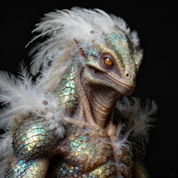 close up portrait of an mutant monster creature with proud, reptilian allure, iridescent scales, dovish feathers, diaphanous fungic protuberances. jan van eyck