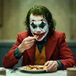 cinematic shot of the joker sitting at a table and aggressively eating out of a bucket of chicken inside of a kfc restaurant, 8 k, very detailed, very intricate,
