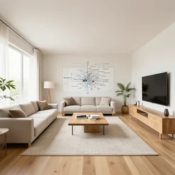 clean house living room interior overview mapa design, Moebius, Greg Rutkowski, Zabrocki, Karlkka, Jayison Devadas, Phuoc Quan, trending on Artstation, 8K, ultra wide angle, pincushion lens effect.