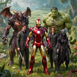 portrait of marvels ( ironman ) hulk by hr giger, greg rutkowski, luis royo and wayne barlowe as a diablo, resident evil, dark souls, bloodborne monster, elden ring creature : : in a garden, grassy field, large field in the background