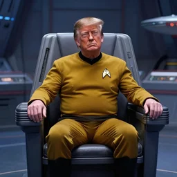 donald trump wearing a starfleet captain's outfit, seated at captain's chair of the enterprise, matte painting, extreme detail, trending on artstation, by isaac levitan and asher brown durand,