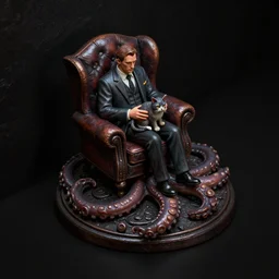 isometric view miniature - howard phillips lovecraft hold the cat on the lap, man dressed suit sit in tall leather armchair, base as big tentacle with suction cups, and wall darkness, cast iron material, black background, octane render, forelight, highly detailed intricate matte sharp focus digital painting artstation pixiv
