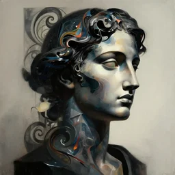 epic concept art. abstract female face silhouette mixing with black and color liquid fluid. abstract sculpture. art deco swirls. masterpiece, michelangelo. concept art, matte painting. greg rutkowski, wlop, victo ngai, kandinski, film still, cinematic, poster. octane render, simon holmedal, ash thorp, vfx, weta fx, weta digital