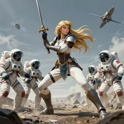 a beautiful warrior princess in battle against zombie astronauts, wide angle action shot, designed by ralph mcquarrie and moebius, octane render, intricate detail, hdr, 8 k, volumetric lighting, unreal engine, explosions, napalm, sunset apocalypse background - 9 6 0
