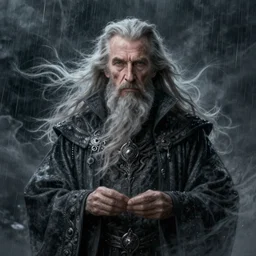 portrait ian mckellen as old male warlock, stormy, wind, rain, ghost, long hair, intricate, elegant, highly detailed, digital painting, artstation, concept art, smooth, sharp focus, illustration, daren bader, aleksi briclot, rutkowski, bouguereau
