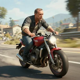 tayyip erdogan riding a motorcycle in an open world game, hyperralistic, unreal engine, 8 k, raytracing, subsurface scattering