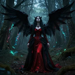 Female dark angel in gothic red and black dress, their black wings are extended. She is in the bioluminescent forest. Horror scene, highly detailded. By Konstantin Razumov