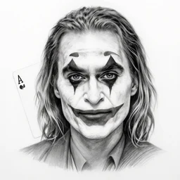 pencil drawing of margot robbie with joker makeup, ace card, realistic face, black and white, hyper realistic, highly detailed