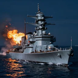 a naval battle with battleships and submarines in the night with fire, high detail, high definition, photorealistic, 8k,