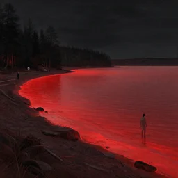 landscape, shore of the lake, glowing red, by edgar maxence and ross tran, zdzisław beksinski, and michael whelan, distant, gustav dore, h. r. giger, 8 k, octane render