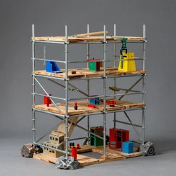 painting of a small convoluted scaffolding sculpture made with steel and metal, wood planks, rock details joints, cinder blocks, bright construction materials, ratchet straps, photorealistic, studio lighting, product photography, high octane, higly detailed, made with unreal engine, painting by yves tanguy, by nate boyce, sculpted by david smith, by kay sage