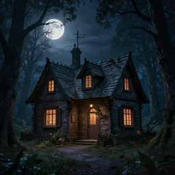 fairytale cottage in haunted woods with moonlight, dark and gothic, full frame, art by brom and kay nielsen, black and white engraving, vector, vector art