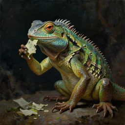 Classical oil painting of lizard Mark Zuckerberg eating data,beautiful, dark fantasy, by Frank Franzetta, matte painting, trending in artstation artstationHD, artstationHQ, cgsociety, detailed faces, ultra HD, 8k