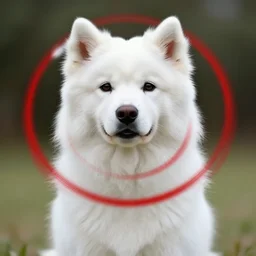 a white dog with red circles on his white fur, digital art