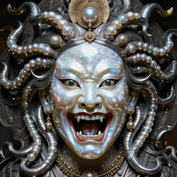 hyperrealism, detailed textures, award winning autochrome pearl portrait photo, symetrical japanese pearl old screaming medusa queen autochrome pearl portrait, pearl silverplate, intricate, detailed facial pearl scary animal mask, pearl, golden jewelery, silverplate, ultra realistic, cinematic, intricate, cinematic light by steve mccurry, unreal engine 8 k