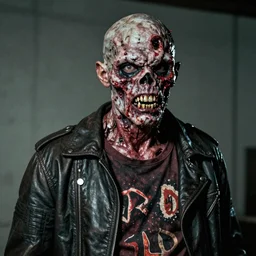 a photograph from the horror movie featuring a cg zombie that was based on Eddie The Head from Iron Maiden except fully realistic including putrid human skin and teeth and wearing real clothes based on the wardrobe of Eddie The Head in his album art