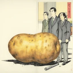 expressive and intensive, black ink & copic markers, vibrant muted colors, nostalgic still of [ viktor orban ] [ mutated into a potato ], sideview, long shot, by ( arthur adams ), by ( tom bagshaw ), by henry asencio, by kikuchi hideyuki, ukiyo - e