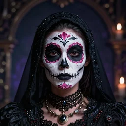 mysterious assassin, with half - faced black musk, day of the dead outfit, by wlop and greg rutkowski, magical atmosphere, octane render, trending on artstation, hyperdetailed face, cinematic, hyper realism