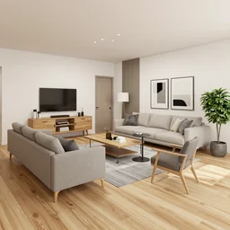 3 d professional rendered model of an apartment living room filled with furniture and a wooden floor, a digital rendering by modest urgell, featured on dribble, barbizon school, high dynamic range, vray, 3 2 k uhd, volumetric lighting, rich moody colors, natural sunshine piercing through the window, unreal engine, octane render, trending on artstation, intricate, sharp