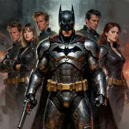batman wearing metal gear armor holding gun dramatic lighting art by brandon anschultz by yoji shinkawa by richard schmid by greg rutkowski by sandra chevrier by jeremy lipking cinematic dramatic brush strokes background