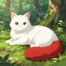 white cat with fluffy red tail like fox tail lying at sunny forest, high detailed, hyper realistic, octane engine, high quality anime, makoto shinkai, ray tracing
