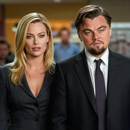 leonardo dicaprio as the wolf of wall street next to beautiful margot robbie as naomi from the wolf of wall street, hyper realistic faces, cinematic, long shot, hyper detailed, 8 5 mm photograph, 8 k resolution, film still, sharp lens, wide lens