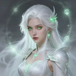a beautiful white - haired girl with green eyes dressed as a superhero, pyromancer, glowing orbs, intricate, elegant, highly detailed, digital painting, artstation, concept art, smooth, sharp focus, illustration, ethereal, misty, by ilya kuvshinov and jeremy mann, 8 k, octane render