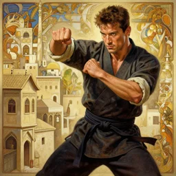 a beautiful illustration of a young jean claude van damme, intricate, shaolin fight, arab city, houses, sharp focus, illustration, highly detailed, digital painting, concept art, matte, art by wlop and artgerm and greg rutkowski and alphonse mucha, masterpiece