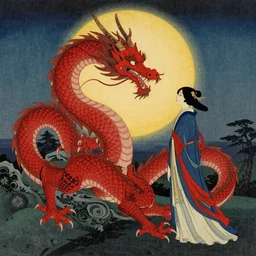 The Great Red Dragon and the Woman Clothed with the Sun, at dusk, by Utagawa Kuniyoshi, dramatic lighting, high contrast colors, panoramic view, as trending on Artstation,