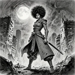 elegant, intricate detail, looking towards camera, tiffany dover, afro samurai style, full body profile, dynamic wide angle lens, by rey bustos pencil and ink, full moon lighting, in a post apocalyptic city, dramatic lighting,