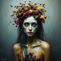 portrait of bender rodriguez with intricate detailed color smashing fluid oil paint and acrylic on the body, berries and dried moss and dried autumn leaves headdress, haunting, elite, elegant, melting wax, mycelia, abstract impressionism, ruan jia, dark fantasy, hyper detailed, concept art, by gustav klimt, rick and morty