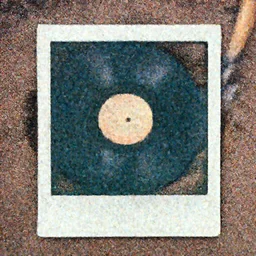 a vinyl disc on a hole in the ground, with a shovel next to it, polaroid shot