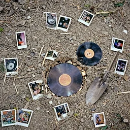 a vinyl disc on a hole in the ground, with a shovel next to it, polaroid shot