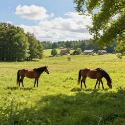 horses in grass field during sunny day, woods, shadow, volumetric light, farm, village, clouds, hyperdetailed, artstation, cgsociety, 8 k
