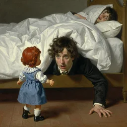 paul rudd hiding under his bed, scared because a haunted doll is stalking him, painting by gaston bussiere, j. c. leyendecker, greg rutkowski, craig mullins 8 k