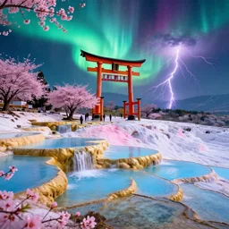 fushimi inari on pamukkale thermal waters flowing down gold travertine terraces in royal blue antelope canyon during sakura season on an interstellar aurora borealis with heavy thunder and lightning, pink waterfalls, flowers, by peter mohrbacher, james jean, james gilleard, greg rutkowski, vincent di fate, rule of thirds, octane render, beautiful landscape