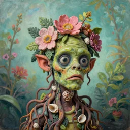 headshot portrait of a trickster nature zombie, head made of fruit and flowers in the style of arcimboldo, fragonard, covered with tendrils roots and seashells, oil painting, ethereal, atmospheric lighting, action figure, clay sculpture, claymation, turquoise pink and green, botanical rainbow backdrop