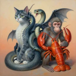 painting of hybrid between cat & dragon & snake & lobster & monkey, intercrossed animal, by zdzislaw beksinski, by lewis jones, by mattias adolfsson, cold hue's, warm tone gradient background, concept art, beautiful composition, digital painting