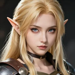 A beautiful blonde elven huntress || very anime, close-up portrait, fine-face, pretty face, magic leather armor, realistic shaded Perfect face, fine details. Anime. realistic shaded lighting poster by Ilya Kuvshinov katsuhiro otomo ghost-in-the-shell, magali villeneuve, artgerm, Jeremy Lipkin and Michael Garmash and Rob Rey
