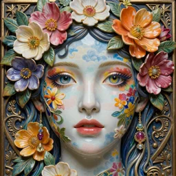 colorful face portrait, artwork by jean delville made of flowers, cloud, glossy eyes, chiara bautista, hyperdetailed realistic smooth polished porcelain, beautiful provenance queen, art nouveau, highly saturated colors, ornate metal gothic icon heavy patina, very very vibrant, delicate, ultrasharp hyperdetailed photorealistic octane render, enchanting, otherworldly, whimsical, ethereal, mythology