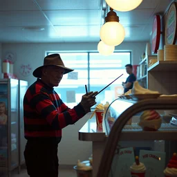 film still of freddy krueger working in an ice cream shop