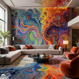 a beautiful insanely detailed modern living room surounded by intricate detailed color smashing fluid oilpaint, 3 d render, hyper realistic detailed, sharp, melting wax, fluid acrilic, thin fractal tendrils, intense colors, scifi, fantasy, insanely detailed, octane render, concept art, by peter mohrbacher, by wlop, by ruan jia