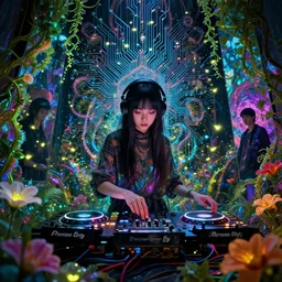 anime dj girl electronic circuitry, with fireflies reflections hall of mirrors kaleidoscope bioluminescent vines and flowers, glitter, fractals, by scott uminga and chris dyer and alex grey street art, trending on artstation, dramatic lighting, octane render, weta digital, trending on deviant art, deepdream, ray trace