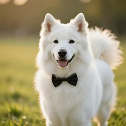 white shepherd wearing a cute bowtie, nature, golden hour,