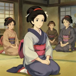 geisha training school, in the style of studio ghibli, j. c. leyendecker, greg rutkowski, artgerm