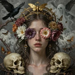 ornate, intricate, young, beautiful, woman, realistic portrait, sadness, tears, ethereal, flowers covering eyes, skulls, art by emil melmoth, gustave dore, craig mullins, yoji shinkawa, art germ, pete morbacher, david lynch, hyper detailed, high detail, artstation, hyperrealistic, unreal engine 5, ravens, branches, ghost, clouds, colors, moths, gold, morbid headpiece,