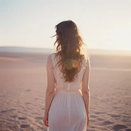 photograph of a beautiful!!! woman! from the back standing in atacama desert field by mark owen. scotland mood. pastel colors. kodak portra 4 0 0 film!!. whirl bokeh!. mamiya 7. highly detailed. hq. photoreal. golden hour. lens flare. faded film. in - frame