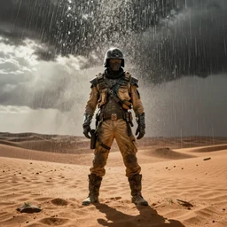 mad max standing alone in a desert during monsoon season