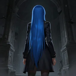 low - angle shot from behind of a long blue - haired girl in a tailcoat overlooking noxus, noir, screenshot, sharp focus, intricate, illustration, cell shaded, digital painting, highly detailed, straight hair, art by ilya kuvshinov, wlop, greg rutkowski, studio quality, james jean