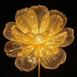 a gigantic golden wire sculpture of a flower, golden light